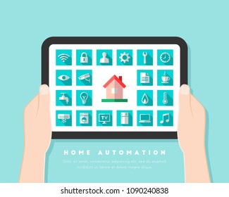 Home automation concept with dashboard interface and icons in flat design.
