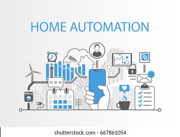 Home automation concept as vector illustration with modern bezel free smart phone