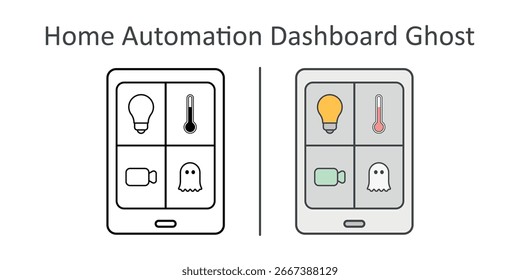 Home Automation Dashboard with Ghost Icon — haunted Halloween smart home control screen with glowing ghost tile flickering on display.