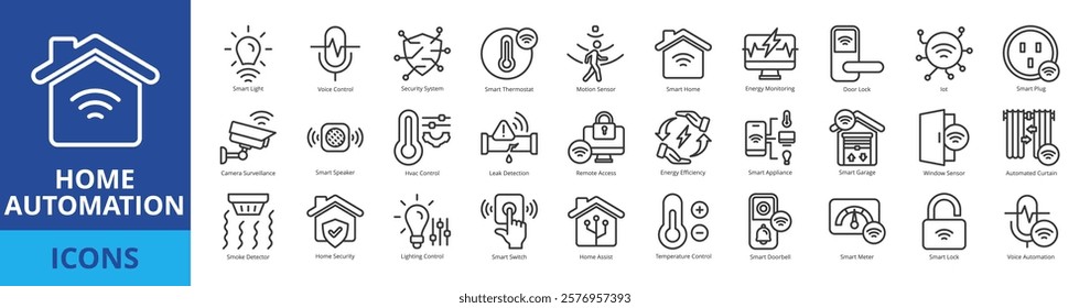 Home automation icon pack collection set with smart light, voice control, security system, smart thermostat, motion sensor, energy monitoring, door lock, iot, smart plug, camera surveillance