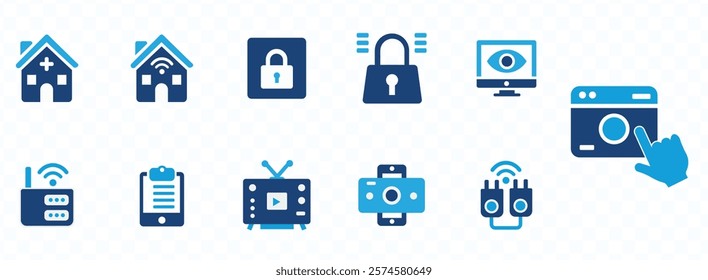  Home automation icon set. Containing smart home, voice control, IoT, smart TV, security camera, climate control, voice assistant, smart light and smart hub. Solid vector icons collection.