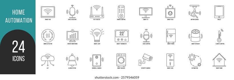 Home automation icon set. Containing smart home, voice control, IoT, smart TV, security camera, climate control, voice assistant and and smart hub.