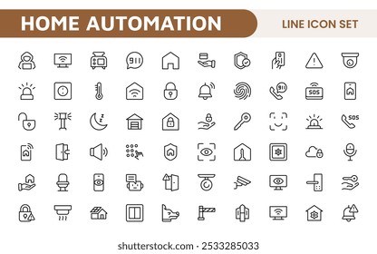 Conjunto de Ícones de Automação Doméstica. Ícones inteligentes e intuitivos para controle de luzes, segurança e dispositivos, perfeito para aplicativos domésticos inteligentes, interfaces IoT e marcas com conhecimento técnico.