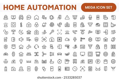 Startseite Automation Icon Set. Intelligente und intuitive Symbole für die Steuerung von Licht, Sicherheit und Geräten, ideal für Smart-Home-Apps, IoT-Schnittstellen und technologisch versiertes Branding.