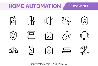 Home Automation Icon Set. Smart and intuitive icons for controlling lights, security, and devices, perfect for smart home apps, IoT interfaces, and tech-savvy branding.