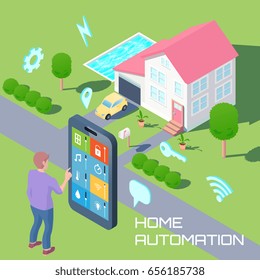 Home automation isometric design composition with man monitoring household devices by smartphone and smart house background vector illustration 