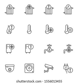 Home automation line icons set. linear style symbols collection outline signs pack. vector graphics. Set includes icons as heater radiator water temperature thermometer, security camera, clima control