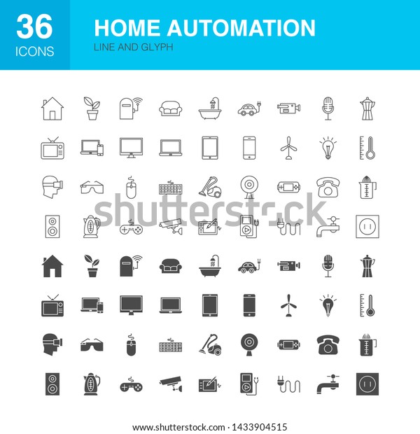 Home Automation Line Web\
Glyph Icons. Vector Illustration of Smart House Outline and Solid\
Symbols. 