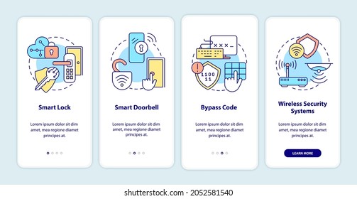Home automation onboarding mobile app page screen. House security tools. Smart house walkthrough 4 steps graphic instructions with concepts. UI, UX, GUI vector template with linear color illustrations