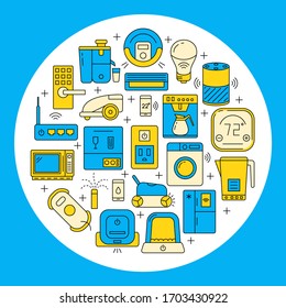 Home automation round concept poster in colored line style. Banner template with smart things icons and place for text. Vector illustration.
