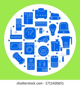 Home automation round poster template in flat style. Banner with smart things silhouette icons. Vector illustration.
