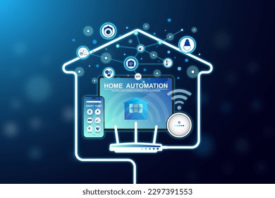 Heimautomatisierung, intelligente intelligente Heimsysteme, Anwendungen auf Smartphone für Sicherheitskamera, elektrische Geräte oder Gerätesteuerung, Infografik-Programm für die Überwachung oder Verwaltung der Gebäude.