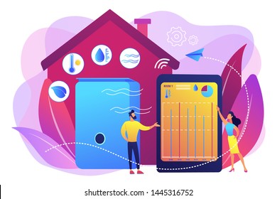 Home automation system, domotics. Air quality monitor, smart home detectors, air filtering system, improve the quality of air concept. Bright vibrant violet vector isolated illustration