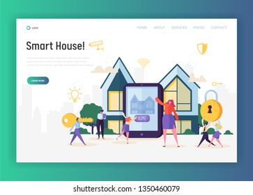 Home Automation System Landing Page. Smart House Control Lighting, Climate, Entertainment System and Appliance and Security. Access to Camera Website or Web Page. Flat Cartoon Vector Illustration