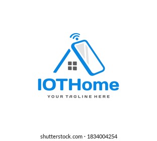 Home Automation System Logo Design. Smart Home Technology Vector Design. Mobile Phone With Roof Of The House Logotype