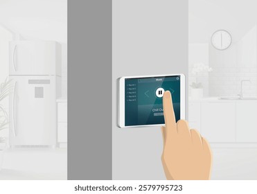 Home automation with a tablet lets you control smart appliances, lighting, security, Music, sound systems, entertainment and more. Vector Illustration