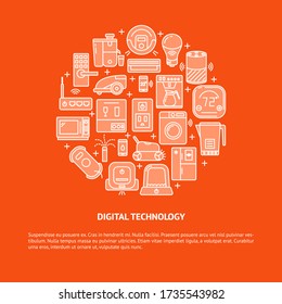 Home automation technology round concept banner template in line style. Poster with smart things contour icons and place for text. Vector illustration.