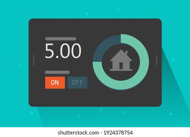 Home automation technology system smart app on tablet computer device vector flat cartoon, mobile house control tech on modern illustration, monitoring controlling display, wireless remote tech