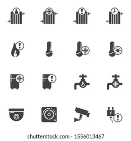 Home automation vector icons set, modern solid symbol collection, filled style pictogram pack. Signs, logo illustration. Set includes icons as heater radiator temperature thermometer, security camera