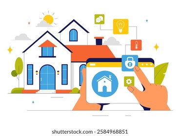 Home Automation Vector Illustration featuring a Smart Home Controlled via Smartphone with an Integrated System of Electronic Devices in a Background