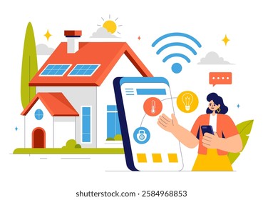 Home Automation Vector Illustration featuring a Smart Home Controlled via Smartphone with an Integrated System of Electronic Devices in a Background