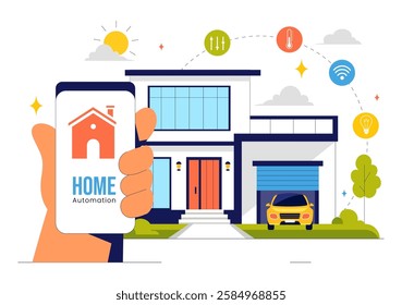 Home Automation Vector Illustration featuring a Smart Home Controlled via Smartphone with an Integrated System of Electronic Devices in a Background