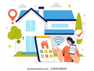 Home Automation Vector Illustration featuring a Smart Home Controlled via Smartphone with an Integrated System of Electronic Devices in a Background