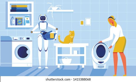 Home Automatization Cartoon Flat Vector Illustration. Robot Washing Clothing. Holding Laundry. Woman Choosing Comfortable Mode in Automatical Cat House. Interior Bathroom in Apartment where Cat Lives.
