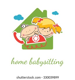 Home babysitter vector concept with funny boy and girl