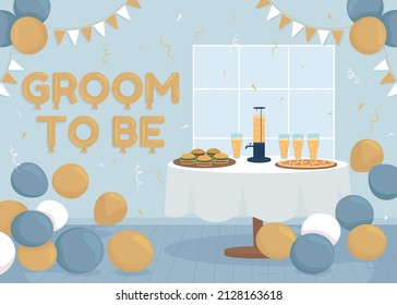 Home bachelor party flat color vector illustration. Groom to be. Stag weekend. Pre wedding event for groomsmen. 2D simple cartoon interior with decorated room on background. Fredoka One font used