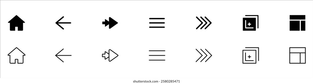 Home, Back, Forward, Hamburger Menu, Breadcrumb, Tab, Sidebar, Navigation Icons set. Minimalistic, Flat Design, Line Icons. Essential Icons and Trending Styles for Mobile Apps, Websites, and Software.