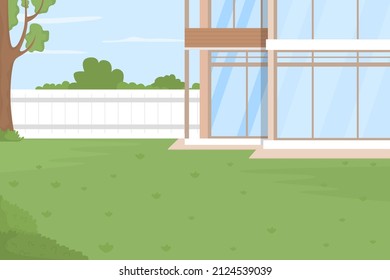 Home Backyard Flat Color Vector Illustration. Private Property Surrounded With Fence. Summertime Activities. House Garden And Yard. 2D Simple Cartoon Landscape With House On Background