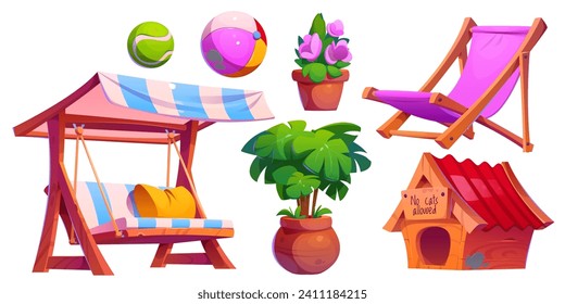 Mobiliario y elementos de jardín en el patio trasero. Dibujo vectorial de dibujos animados conjunto de exteriores del patio - columpio con almohada y dosel y silla de salón, casa de perro y flores en olla, bola de juego infantil.