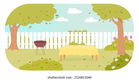 Home Backyard Or Garden Near House Vector Illustration. Cartoon Summer Landscape With Green Grass, Flowers And Trees, Fence, Grill Equipment And Table With Tablecloth. Area For Bbq Party Concept