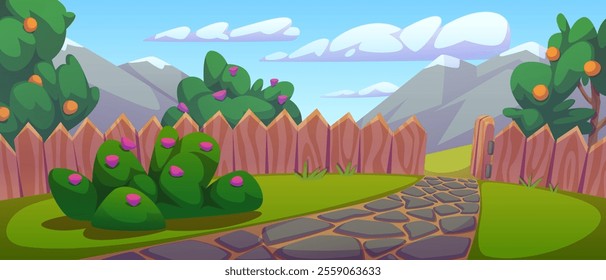 Home backyard with spring mountain view. Vector cartoon illustration of green yard with fruit trees and flowers on bushes, stone path, wooden fence, glacier on high peaks, clouds in blue summer sky