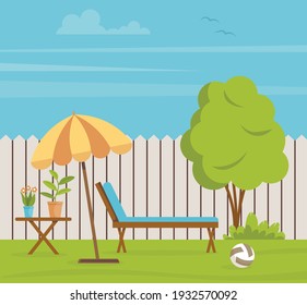 Home backyard with sun lounger and plants. Rest zone. Summer vacation. Home garden. Summer landscape. Cozy vector illustration in flat style.