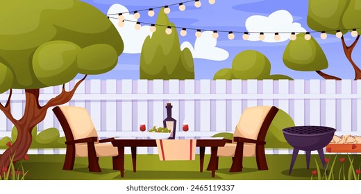 Home backyard with trees and furniture. Cartoon exterior and landscape, trees and bushes. Vector illustration EPS10