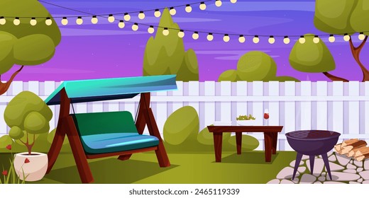 Home backyard with trees and furniture. Cartoon exterior and landscape, trees and bushes. Vector illustration EPS10