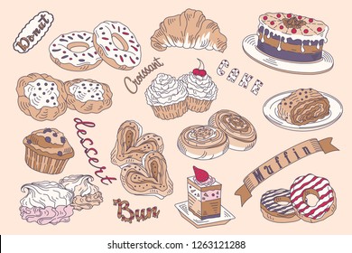 Home baked goods. A set of dessert items: muffins, buns, strudel, cakes, marshmallows, donuts. Handmade drawing vector illustration. Retro style.