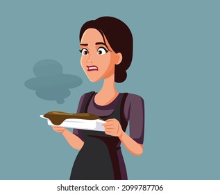 
Home Baker Failing a Recipe Vector Cartoon Illustration. Woman making a mistake burning the lunch feeling frustrated and stressed
