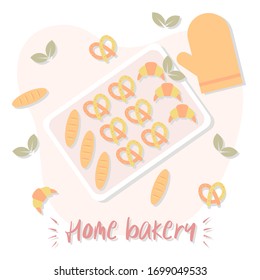 Home bakery. Baking dish with rolls, croissants and pretzels. Cooking homemade cakes. Bakery and confectionery products on a tray. Cute flat vector illustration.