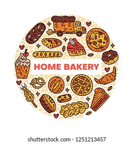 Home bakery. Circle vector concept. Bakery doodle illustration. Text template.