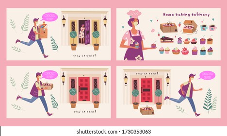 Home bakery. Contactless delivery. Vector illustration.