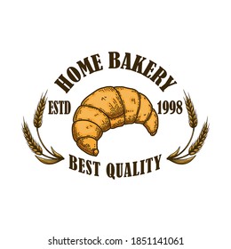 Home Bakery. Illustration of croissant in engraving style. Design element for poster, card, banner, sign. Vector illustration