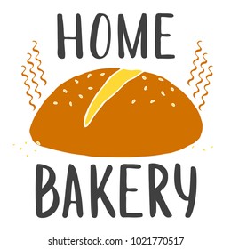 Home bakery lettering sign. Hand drawn brean with seeds isolted on white background. Fresh bread and typography design for card, print, banner, background, menu