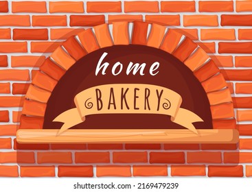 Home bakery oven. Brick stone firewood stove for baking bread, cooking italian pizza cheese on fire wood, creative logo restaurant furnace baker fireplace, neat vector illustration of oven traditional