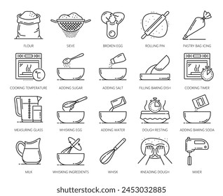 Home bakery and pastry icons, cooking symbols and vector pictogram for recipe preparation. Homemade bread dough or bakery pastry and flour food ingredients and instruction for home baking process