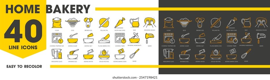 Casa padaria e linha de pastelaria ícones e pictogramas de cozimento ou cozimento, vetor de contorno. Farinha de trigo e massa com ingredientes e utensílios para pão ou pastelaria instruções de cozimento com ícones de tempo de cozimento