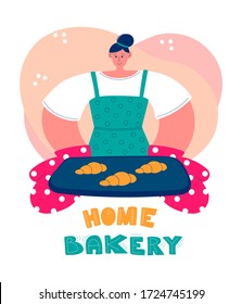 Home Bakery. Young woman baking fresh croissants. Cartoon character serves pastry in the oven mittens. Stay home activity. Vector illustration on cooking food at home.