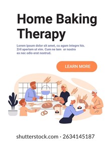 Home baking family kitchen activity people preparing bread pastries wheat cozy interior modern flat design landing page